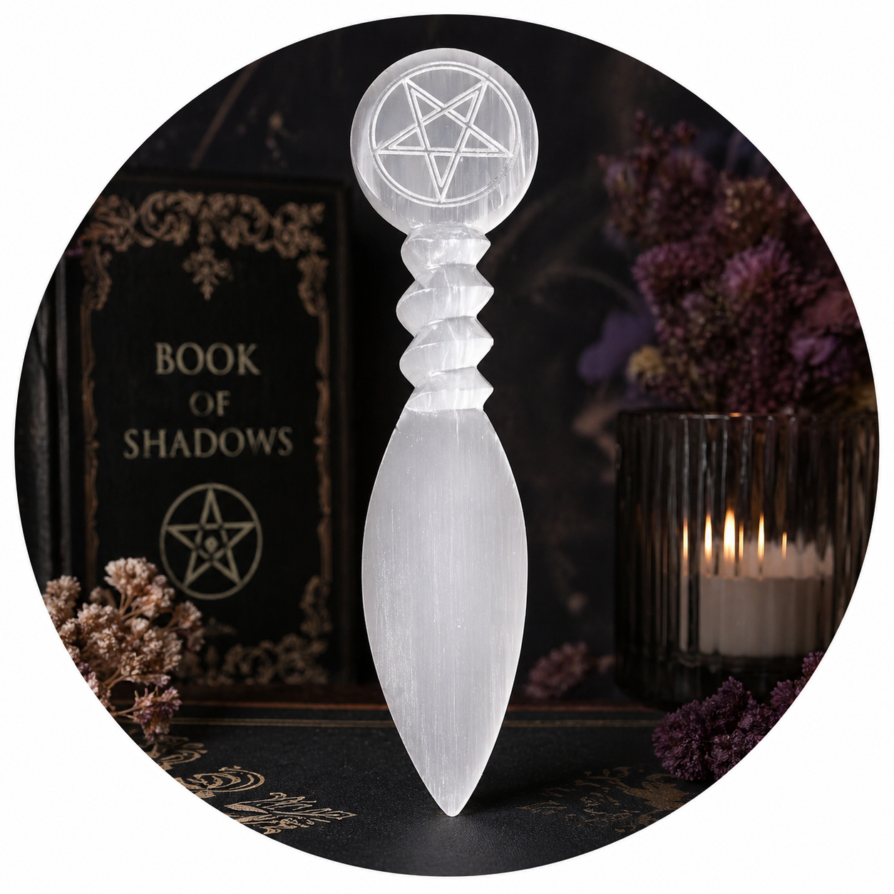 Ritual Selenite Athame – Pentacle Engraved