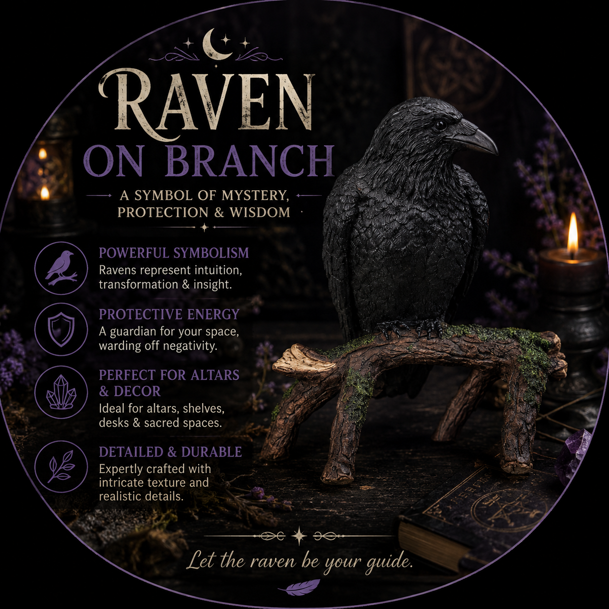 Raven on Branch – Protective Altar Deco